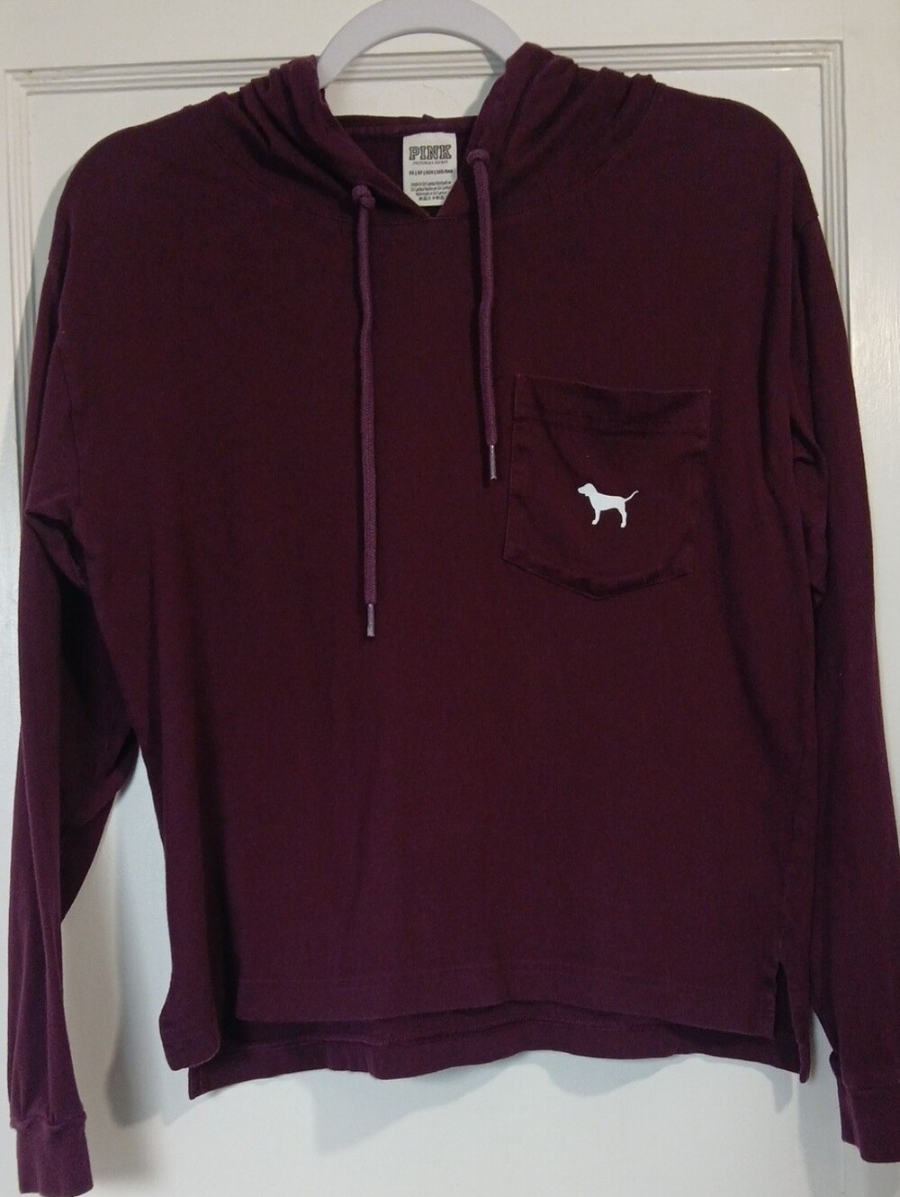 PINK XS Maroon Hooded Pocket Long Sleeve T-Shirt
